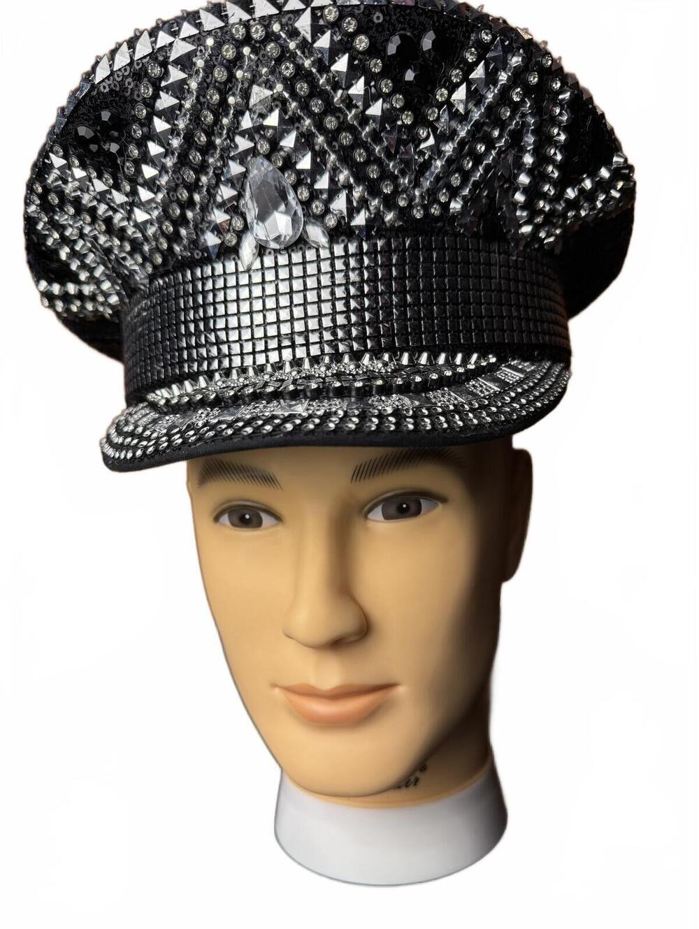 Black Studded Sequin Military Style Hat punk rock judas priest
